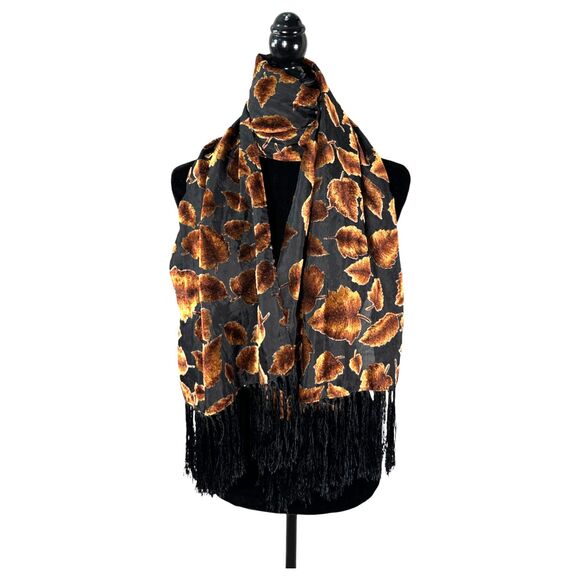 Silk Velvet Burnout Leaf Print Tassel Scarf - Picture 1 of 3